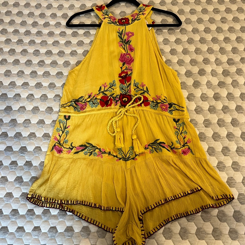 Raga Yellow Romper with Embroidered Flowers
